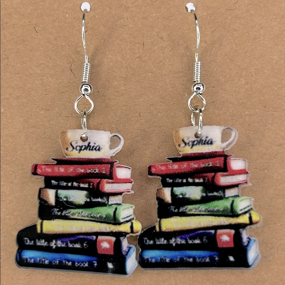 Tea/Coffee Cup on Books Dangle Earrings 2D Acrylic Cartoon Fashion Jewelry - Picture 4 of 4